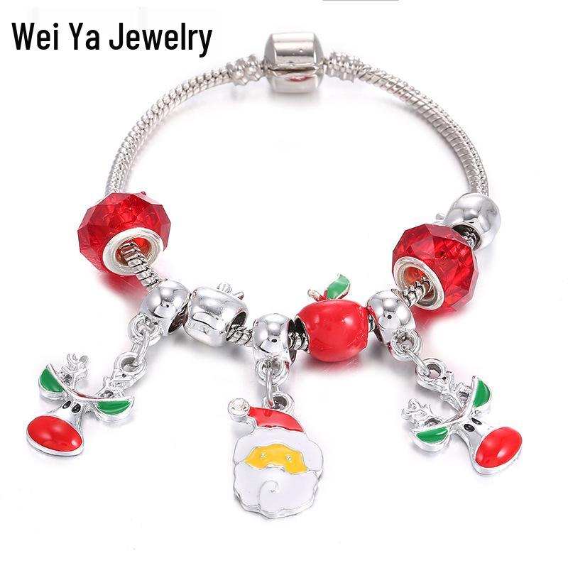 

Red Beaded Christmas Bracelet with Santa & Reindeer Pendants for Women 18CM