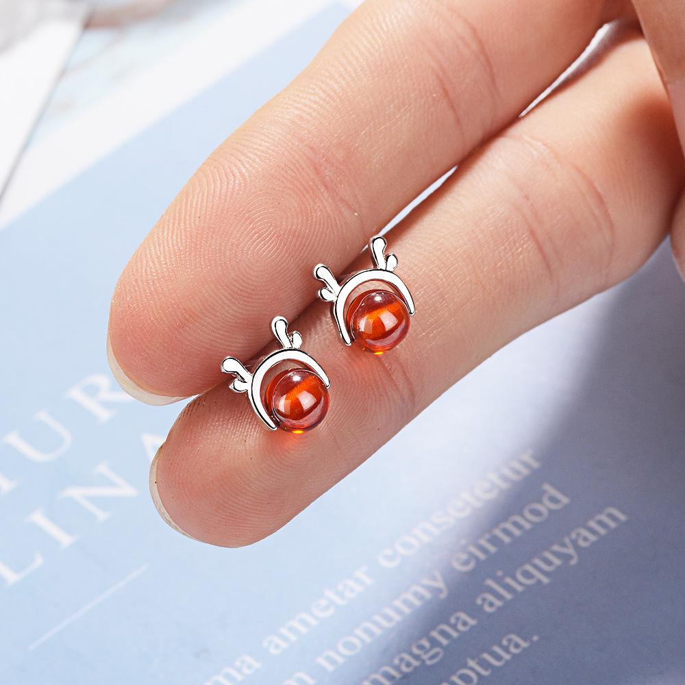 Garnet Reindeer Antler Studs: Festive Korean-Style Earrings for Women and Students