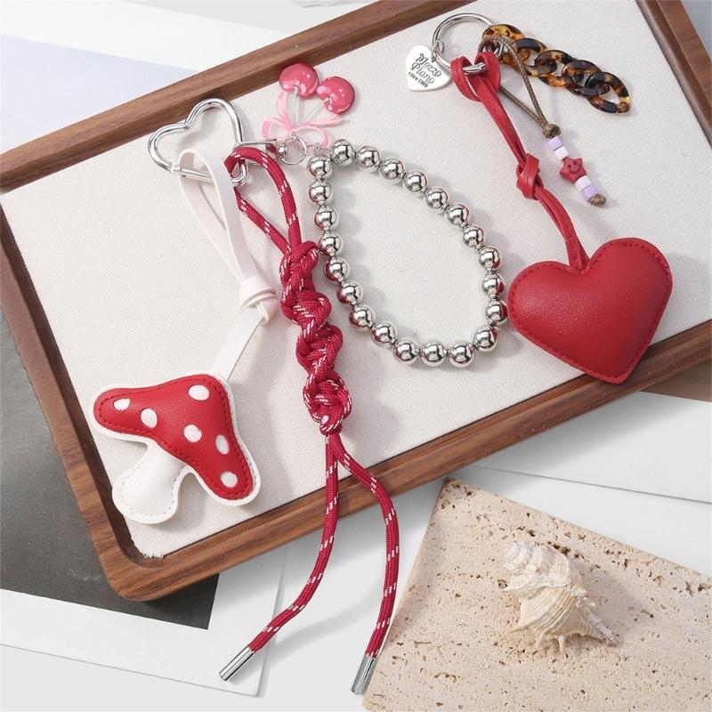 Braided PU Leather Cord Keychain With Mushroom/Heart Charm Elegant Metal Accessory For Bags Backpacks Gifts