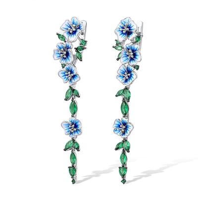 Leaf  Emerald Enamel Flower Long Earrings for Women Elegant Jewelry Summer Party Gift