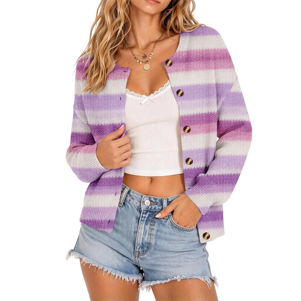 Women's Striped Button Front Knit Cardigan Cute Open Front Sweater for Casual Wear