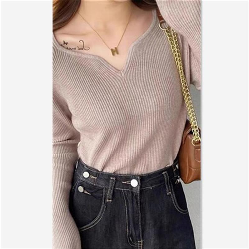 

YYFS Женская мода Повседневный Осень Зима Однотонный Принт Длинный Рукав V-образный Вырез Свитера One Size хаки