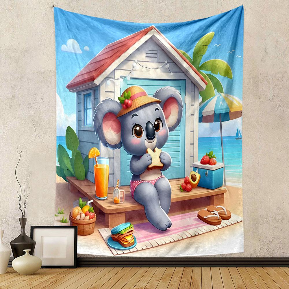 Beach Koala Enjoying a Picnic Patterned tapestry home decor, suitable for bedroom and living room, gift