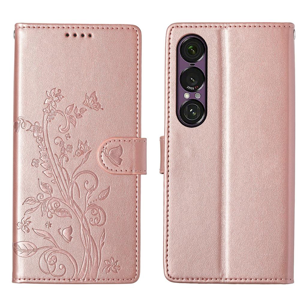 For Sony Xperia 1 VII Wallet Case Butterfly Floral Imprint PU Leather Phone Cover with Wrist Strap