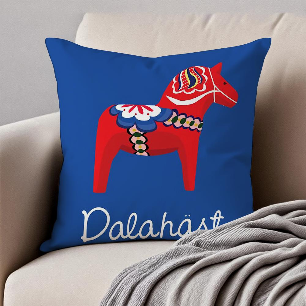 Cute Print Art DDala Horse Cushion Cover Pillowcase Antidustmite Invisible Zipper Short Plush Sofa Cushion