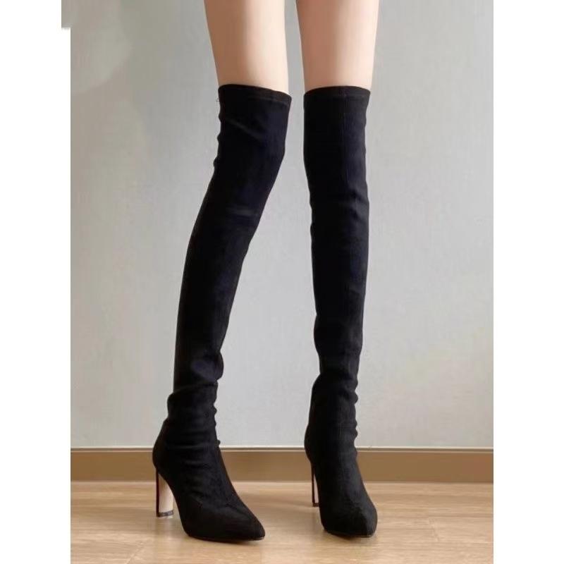 Autumn And Winter New Fashion Sexy Black Pointed Toe Thick Heel Elastic Boots Women's Versatile Temperament High-heeled Boots