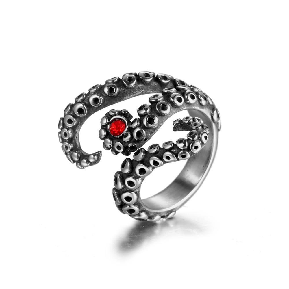 

Gothic Octopus Ring in Titanium Steel Titanium Steel Octopus Tentacle Ring: Vintage Design with Red Gem - Edgy & Mysterious size12