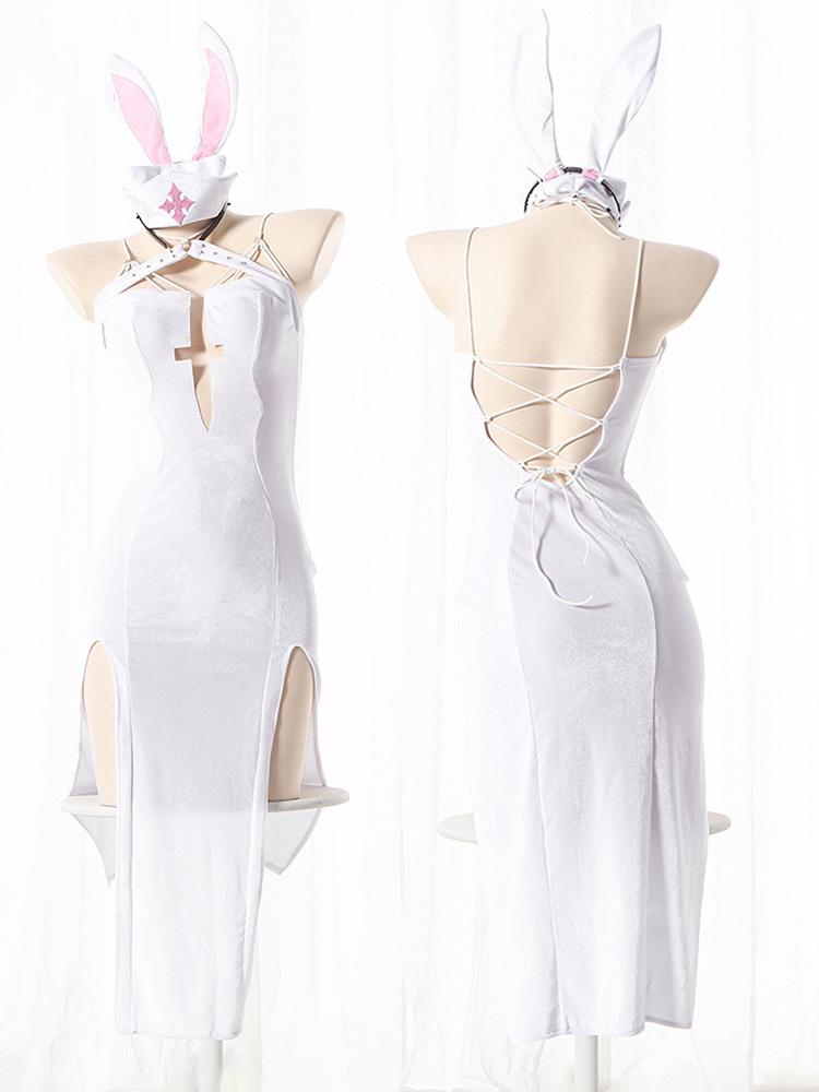 Women Sexy Lingerie Nun Uniform Cosplay Role Play Costumes Halloween Stage Outfit High Neck Flare Sleeve Dress with Headscarf