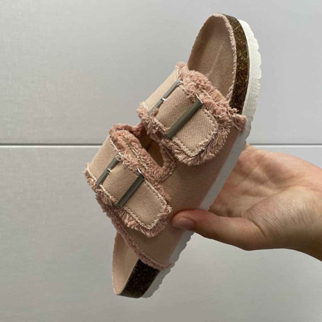 Fringed Slippers, Women's, Outerwear, Soft Belt Buckle, Canvas Shoes, Breathable Flip-flops