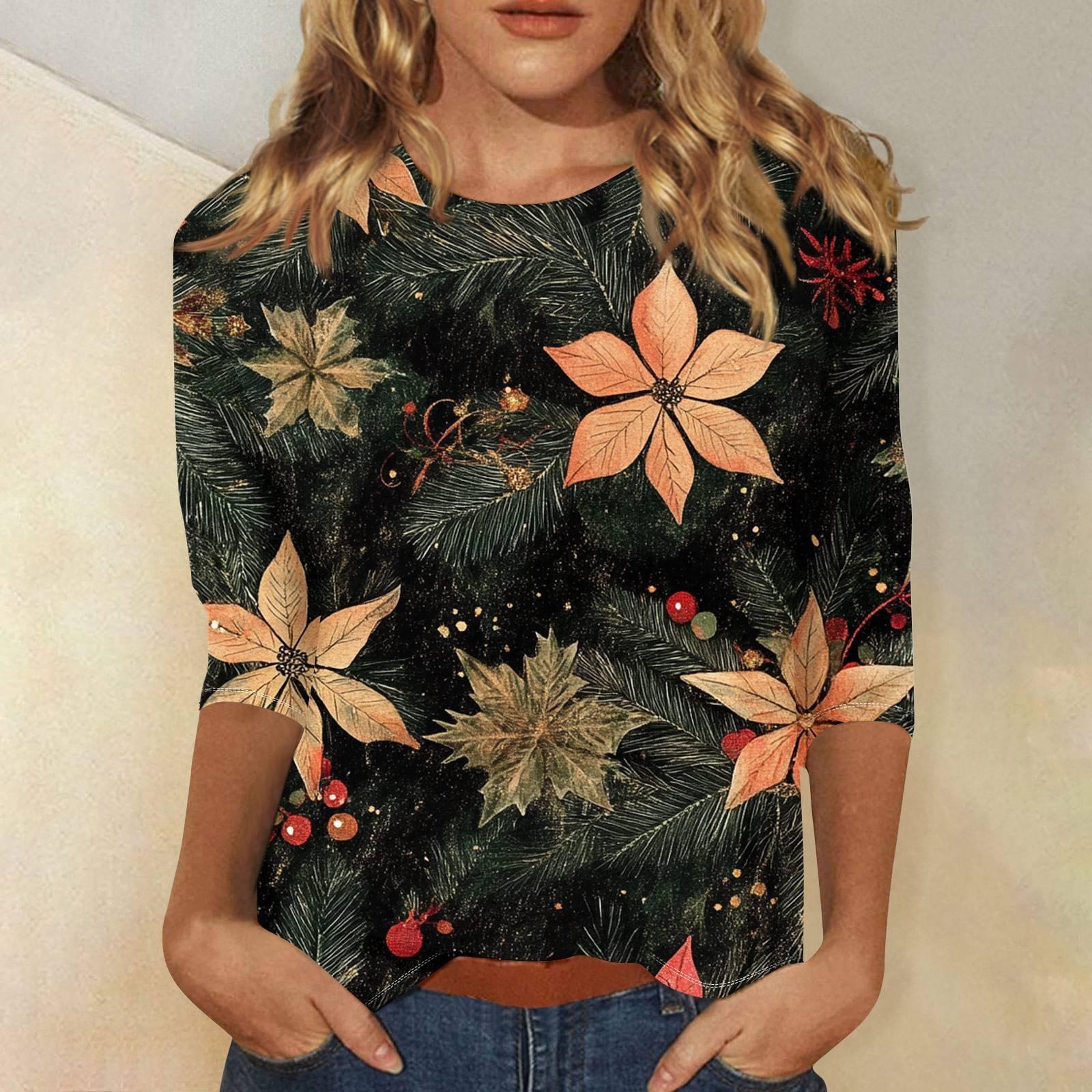 

2024 Жіноча повсякденна футболка з круглим вирізом і різдвяним принтом у вигляді сніжинок, верхня футболка з рукавом три чверті, пуловер, светр, пуловер, топ 8XL