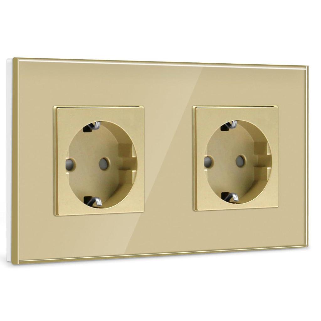 European Standard 16A Wall Socket, Model 157, with Tempered Glass Panel, 250V, Double Socket for Round Box Installation