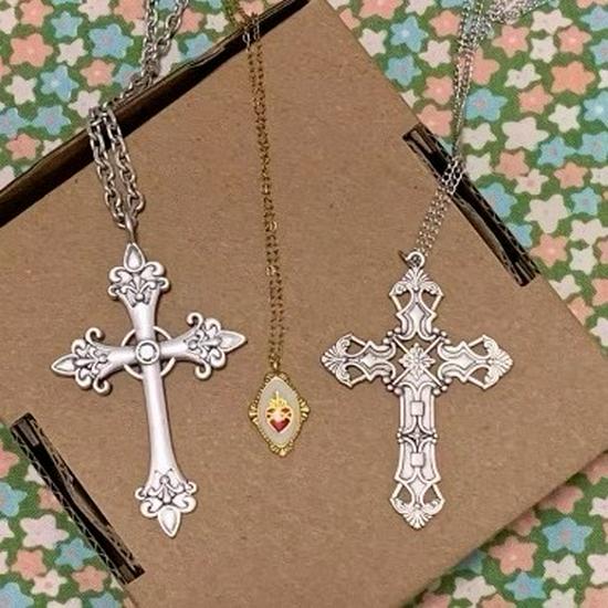 Korean Designer Silver Large Engraved Cross Pendant Necklace