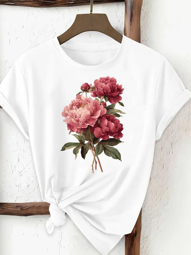 (Asian Size) trend flower cute Woman Women Fashion Tee Top Print Female Clothing Short Sleeve T Shirt Graphic T-shirts