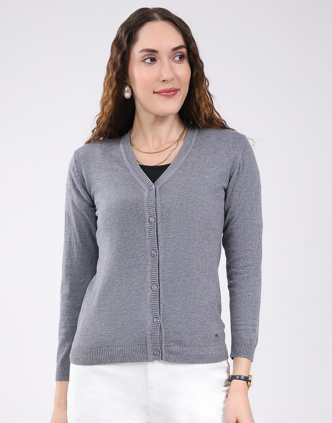 Monte Carlo Women s Regular Fit Solid V Neck Full Sleeve Cardigan M серый