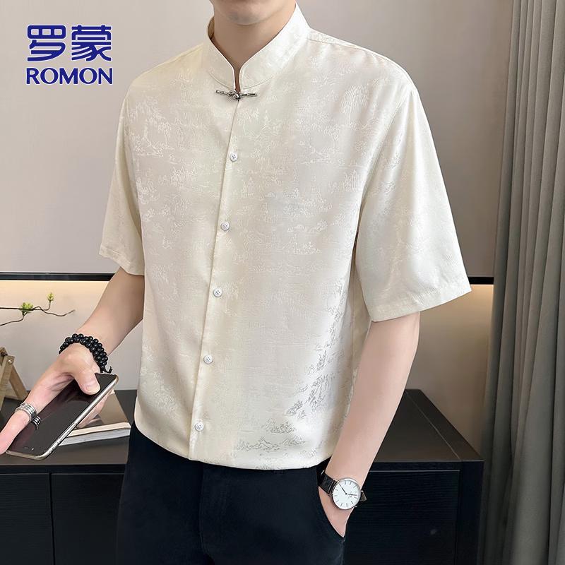 ROMON Men s Short Sleeve Ice Silk Jacquard Shirt L