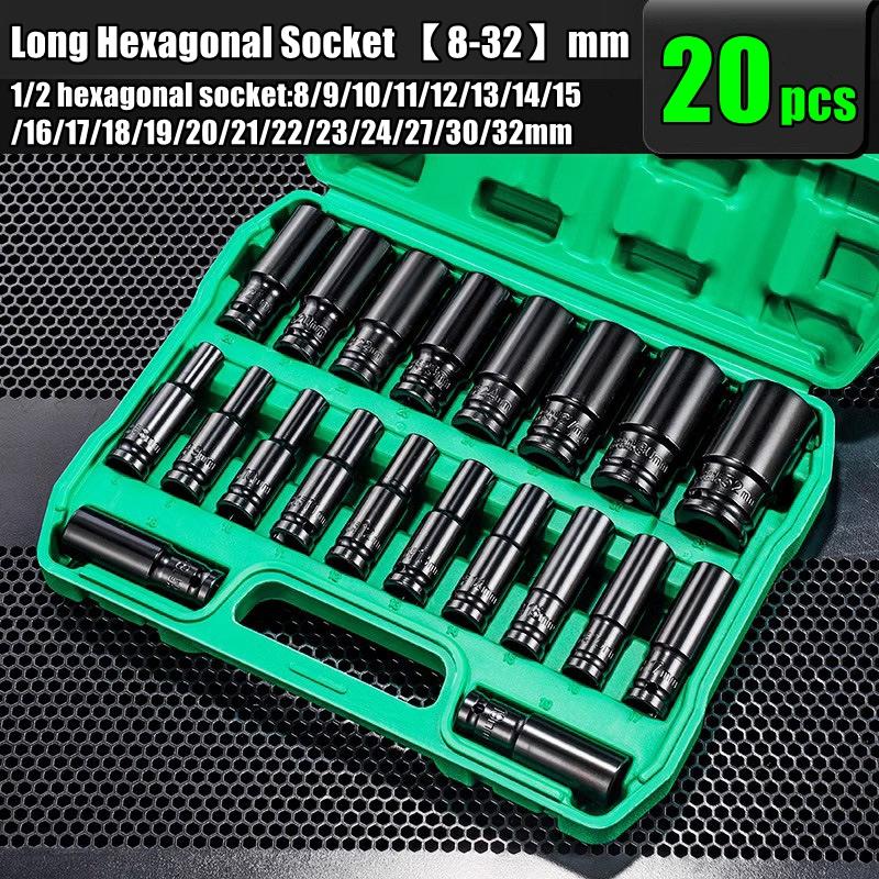 1/2 Sleeve Combination Drive Extended Socket Hexagonal Impact Sleeve Set with Portable Storage Case 8-32mm Torque for Car Repair