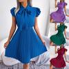 V Neck Solid Color Dress High Waist Elegant Pleated Dress for Women Sleeveless Loose Dresses Causal Dress