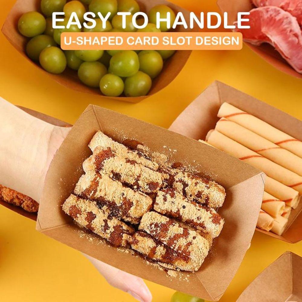 50Pcs Sturdy Durable Kraft Paper Food Containers Boat Shape Snack Bowl Food Tray Box  Picnic Camping