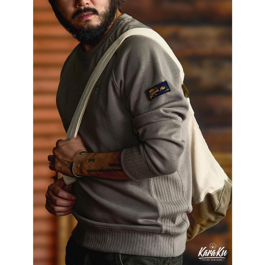 Long Sleeve Embroidered Cotton Crew Neck Loose Oversized Round Ribbed Crew Neck Size XL [karaku] Men's 100% Sweatshirt, Basic, Fit, Silhouette,