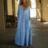 Loose Comfortable V-neck Denim Maxi Dress with Pockets