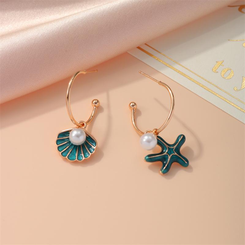 Personalised Blue Enamel Starfish Shell Asymmetric Dangle Earrings for Women Vintage Elegant Imitation Pearl Earrings