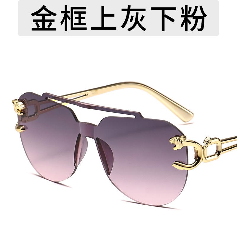 New Fashion Rimless Sunglasses For Men Double Bridge Style Leopard Aviator Frame Oval Female Sunglasses Glasses For Women Uv400