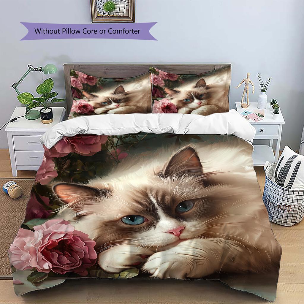 Ragdoll Cat and Rose Pattern Bedding Home Decoration Birthday Gift (1 * Duvet Cover + 2 * Pillowcase, Without Core)
