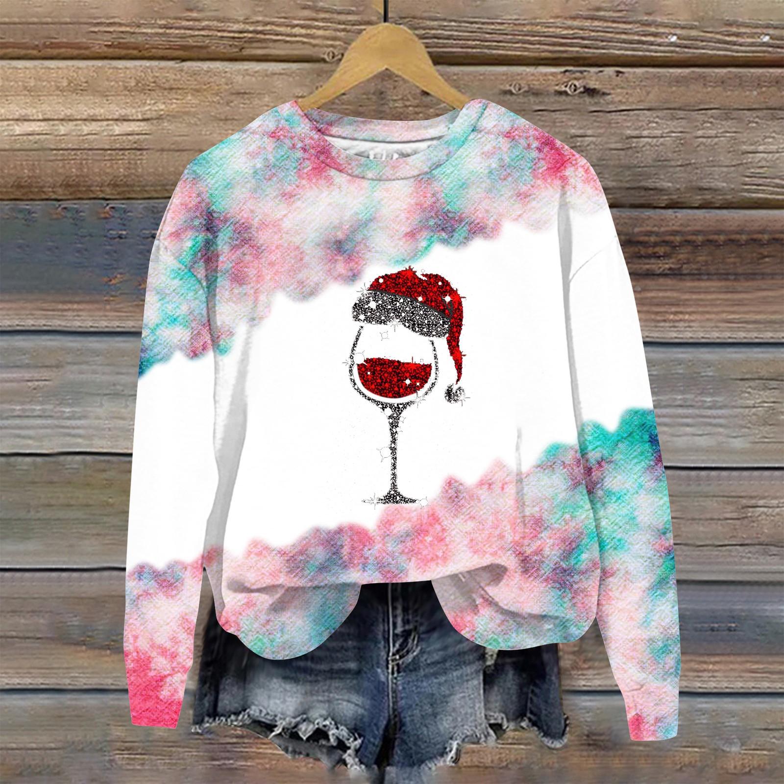 

Женская мода стекло принт длинный рукав свободный круглый вырез толстовка топ осень L