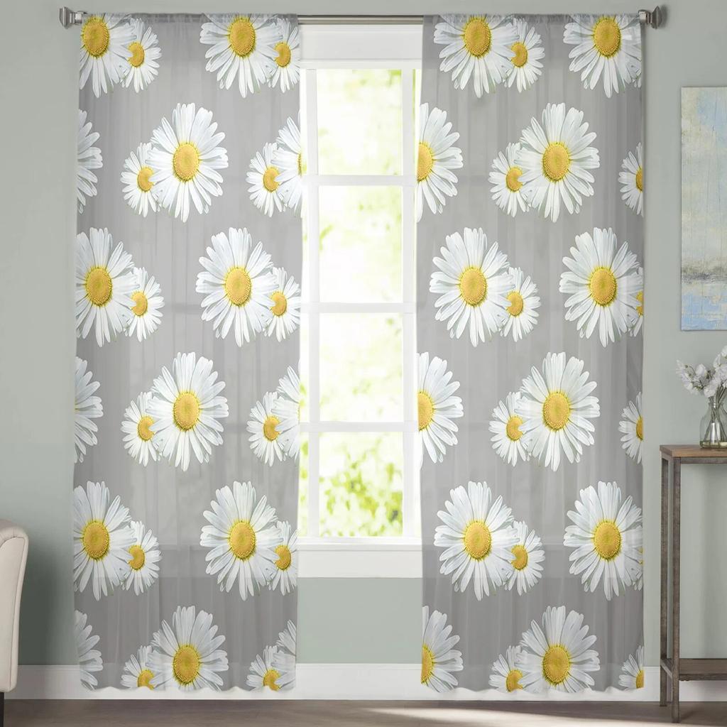 White Daisies Grey Tulle Curtains Living Room Kitchen Chiffon Curtain Bedroom Balcony Sheer Curtain Fashion Home Decor
