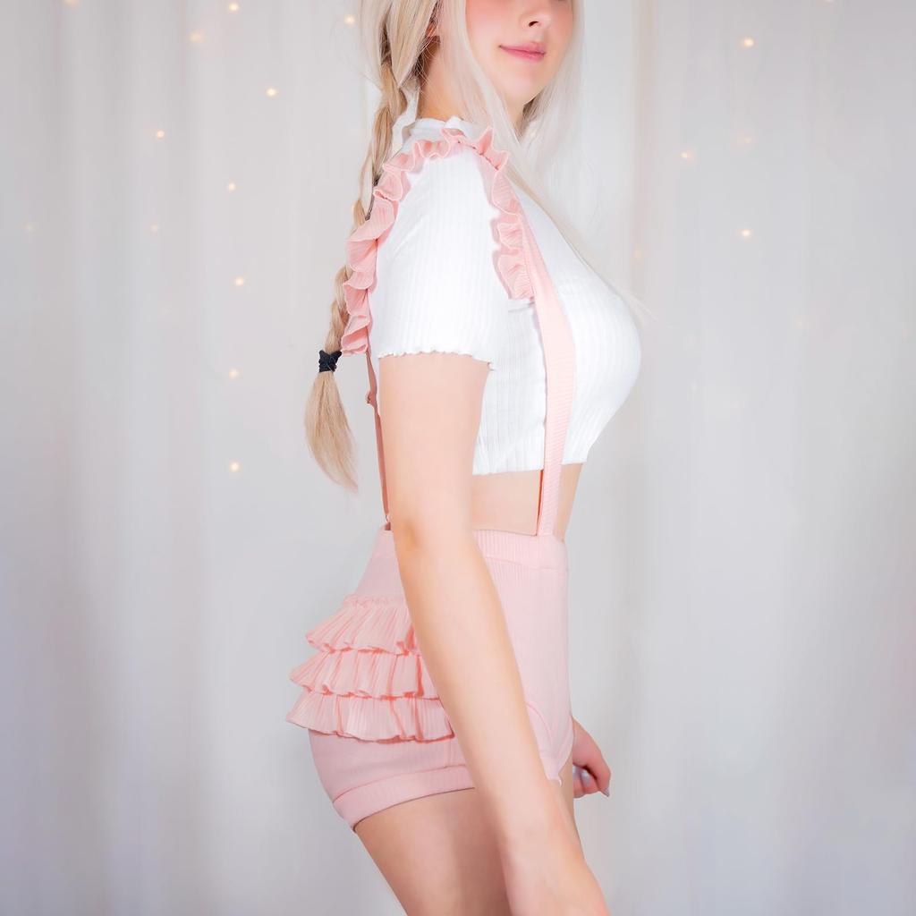 LittleForBig Ruffled Overalls for Adults [Fluffy Ruffles] All-in-One, Elastic Ribbed Material, Pink, Size M