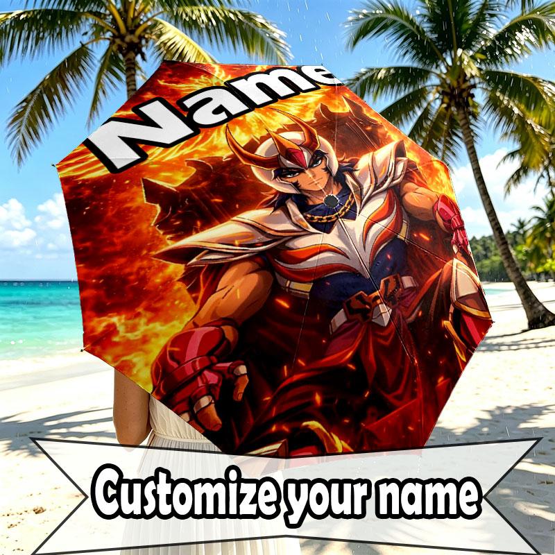 Custom Name Personalized Saint Seiya Print Umbrella, Auto Open Close, 8‑Rib Sturdy Frame, Commute Camping Hiking Use, Birthday Gift
