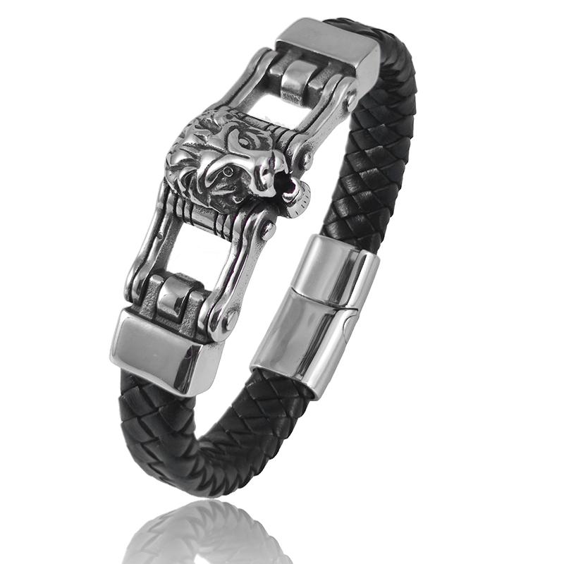 

MingAo Stainless Steel Lion Accessories Men s Leather Bracelet Luxury Design Style Black Leather Magnet Buckle Christmas Gift 20.5cm львиный