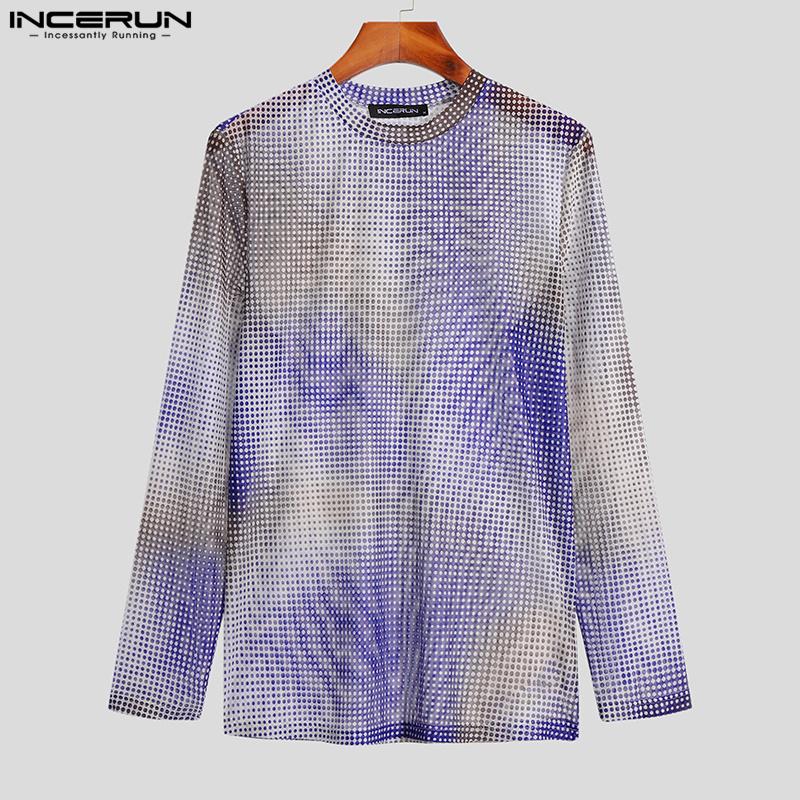 

INCERUN Лето Весна Мужчины Чистая сетка с длинным рукавом Рубашка Slim Fit Hollow Out Клубная одежда Печатные майки Футболки Топы S-5XL