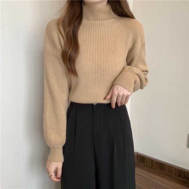 Half Turtleneck Sweater for Women Loose Solid-color Knitted Sweater for Autumn and Winter Casual Long-sleeved Pullover