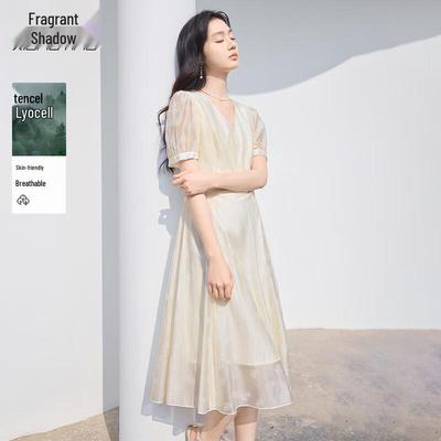Xiangying Französischer Stil Tencel V-Ausschnitt Midi-Kleid