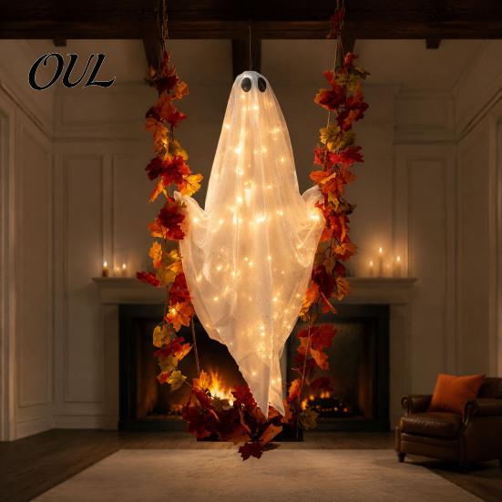 Fernbedienung LED Geisterlichter Schwingende Outdoor-Dekoration, Großer Halloween-Hänger mit Ahornblatt Leuchtendes Gaze-Anhänger Ranke Und für Baum, Veranda, Hof,