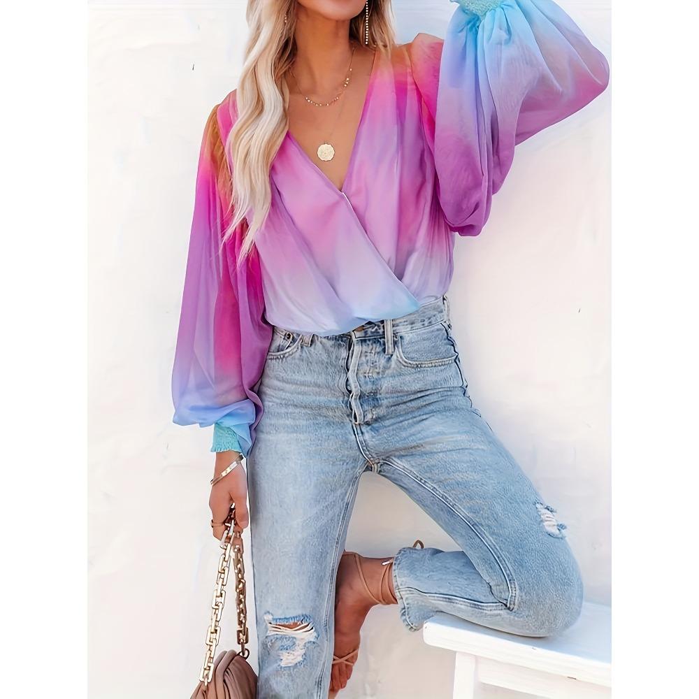 Spring-Summer New Amazon Gradient Sheer Chiffon Fashion Print Pullover Shirt for Women