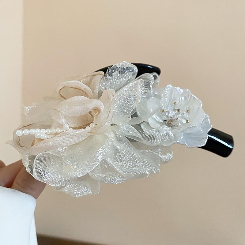 Mesh fabric flower pearl hair catch fairy style niche versatile hairpin fashion high sense simple hair accessories