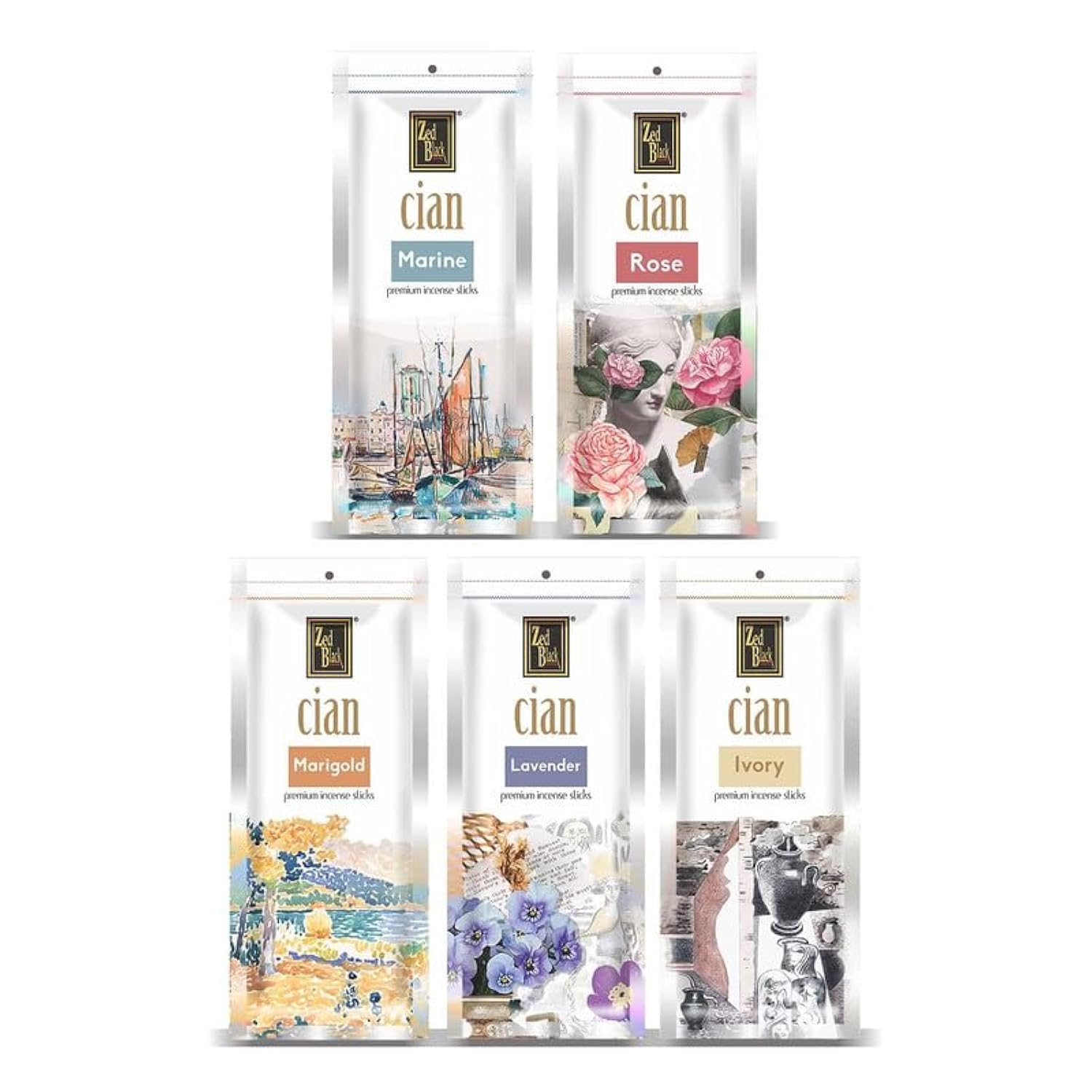 

Благовония Zed Black Cian, 5 пачек, палочки с длительным ароматом: Морская роза, Бархатцы, Лаванда, Слоновая кость