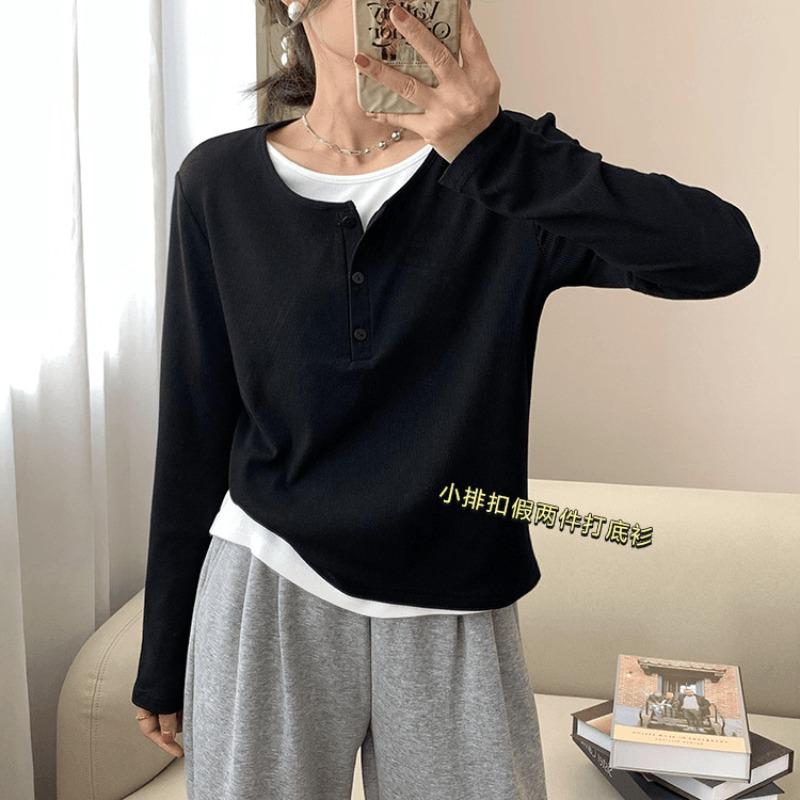 Contrasting color fake two-piece shirt women's bottoming shirt spring simple versatile breasted long-sleeved inner design top