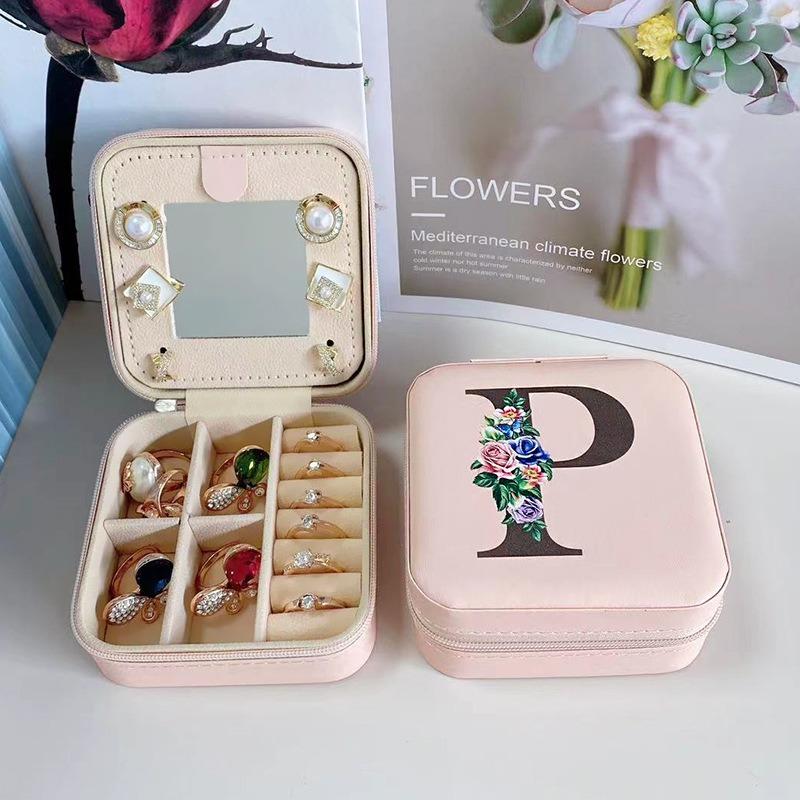 PU Leather Jewelry Box Mirror Storage Box 26 Letter Printed Portable Jewelry Organizer Earring Ring Necklace Case