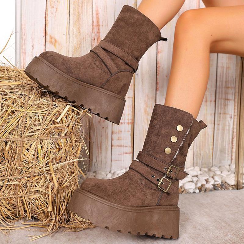 Fashion Brown Chunky Platform Women's Snow Boots Winter Retro Button Buckle Detor Snow Boots Woman Faux Suede Keep Warm Botas Mujer