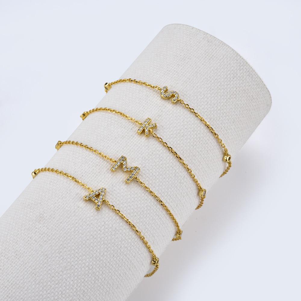 925 Sterling Silber Initiale 26 Buchstaben Alphabet Monogramm Gold Name Armband Kristall Cz Zirkon Modischer Schmuck