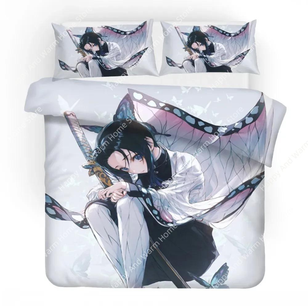 3D Printed Demon Slayer Themed Anime Beding Set Kochou Shinobu Girl Soft with Soft Fabric Duvet Cover Set With Pilow Cover, Microfiber Bed Linen