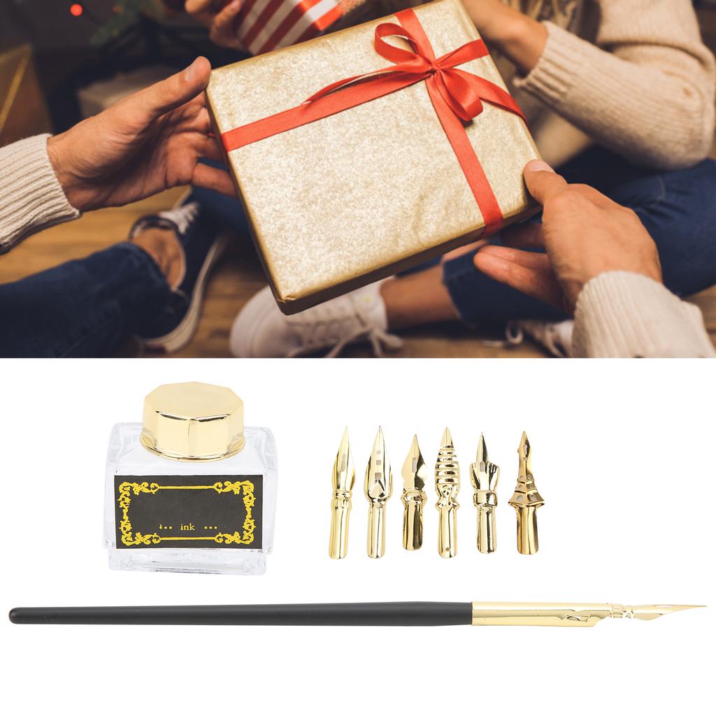 Calligraphy Pen Set Retro Flowers Durable NonSlip Handshake Dip Pen Suit for Teacher Elders Lover Gifts Golden
