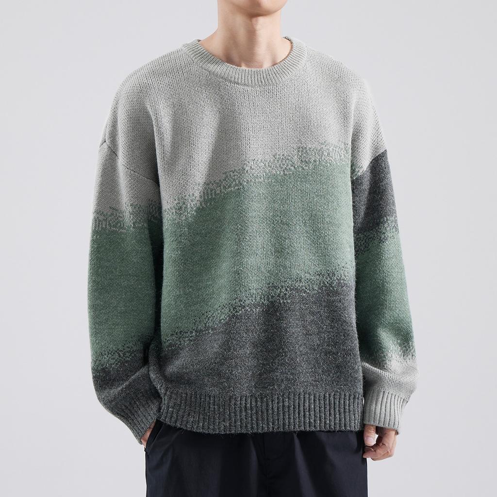 Autumn and Winter Thickened Sweater Men's Round Neck Gradual Change Knitted Sweater Fashion Loose Lazy Style Men's Color Matching Sweater Sweater