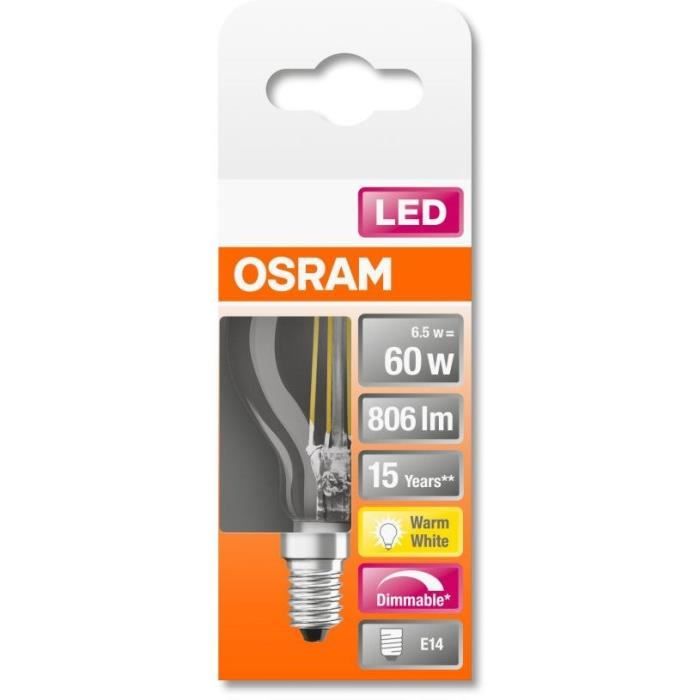 OSRAM Ampoule LED Sphérique clair filament variable 6,5W=60 E14 chaud