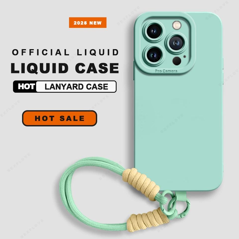 Lanyard Phone Case For iPhone 16E 16 14 15 Plus 12 13 Mini 11 16 Pro X XR XS Max SE Liquid Silicone Strap Protector Soft Cover