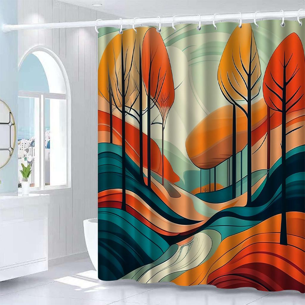 Elegant Polyester Shower Curtain - Vibrant Abstract Tree Design,Rich Palette of Orange, Red, Green & Blue, All-Season Bath Decor