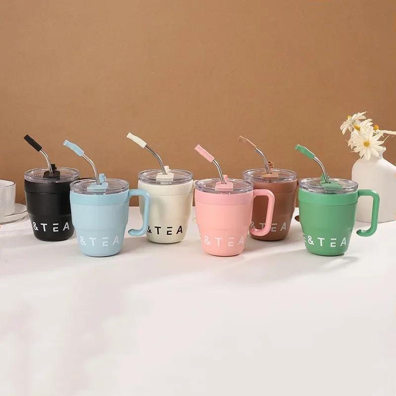 480ml Portable Coffee Mug with Straw Lid Stainless Steel Thermos Mug for Cold Drinks Water Tea Milk Cups Outdoor Bottle